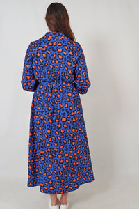 Leopard Print Maxi Shirt Dress - Blue / Orange