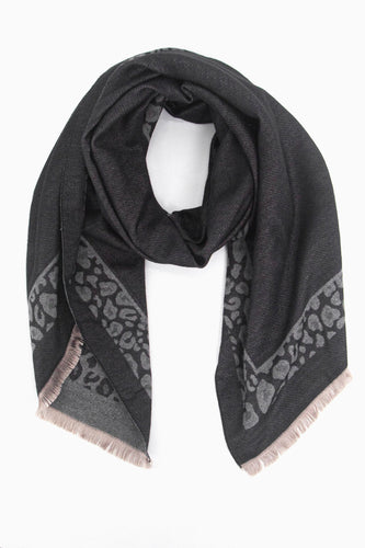 Leopard Trim Scarf Heavyweight - Black / Grey