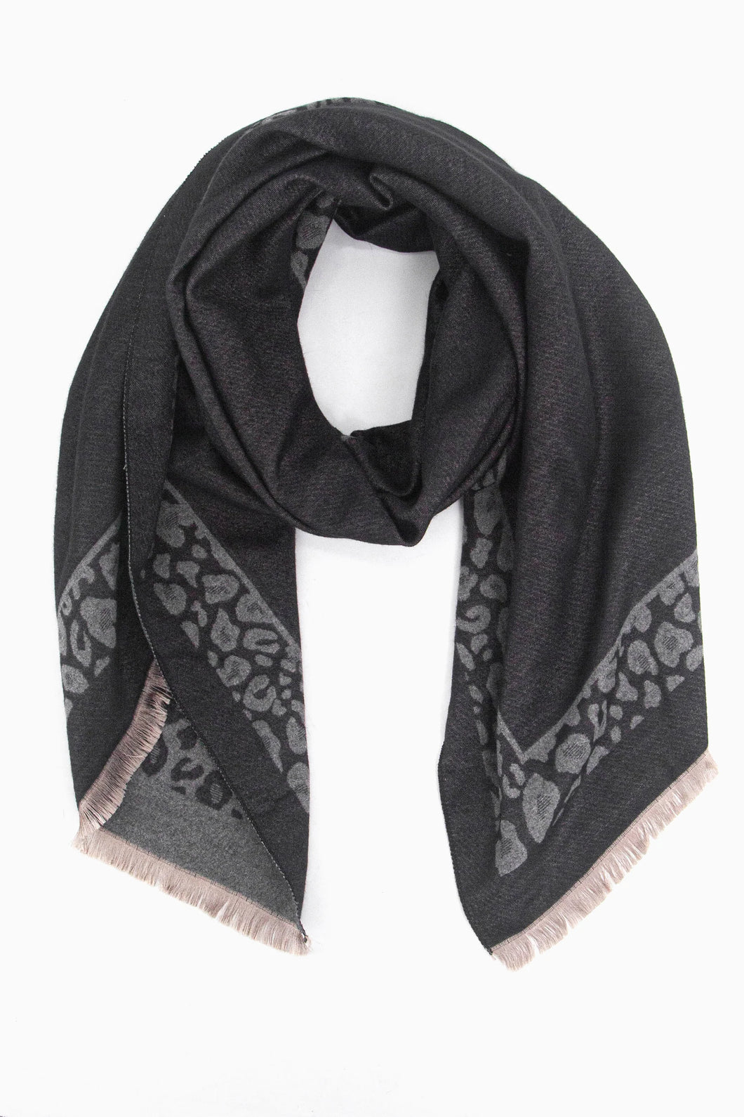 Leopard Trim Scarf Heavyweight - Black / Grey