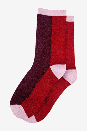 Colour Block Glitter Socks - Berry / Red