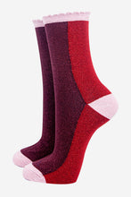 Load image into Gallery viewer, Colour Block Glitter Socks - Berry / Red