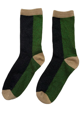 Colour Block Glitter Socks - Khaki / Black