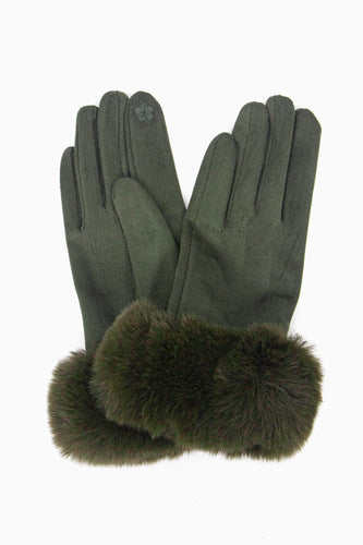 Faux Fur Trim Gloves - Khaki