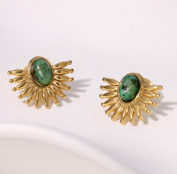 Natural Stone Fan Earring - Green / Gold