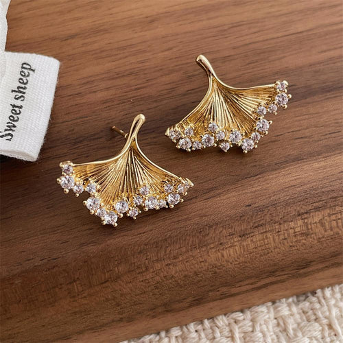 Etched Leaf Earring With Cubic Zirconia - Gold
