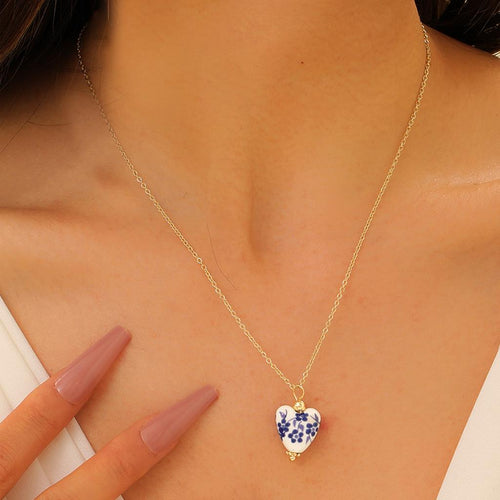 Porcelain Print Heart Necklace - Blue/White