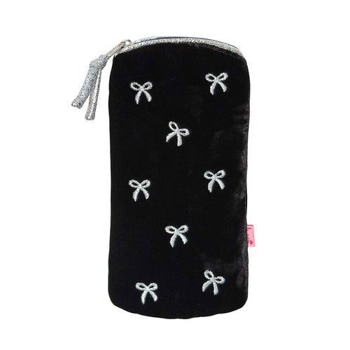 Embroidered Bow Velvet Glasses Case - Black