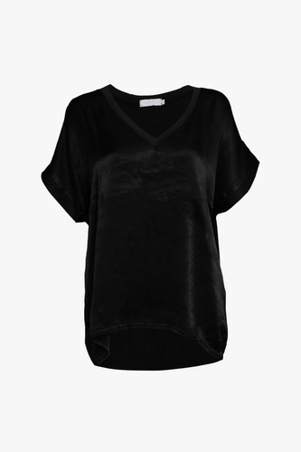 silky black v neck top with short sleeves.  very easy to wear, pair with trousers or skirts for the evening.