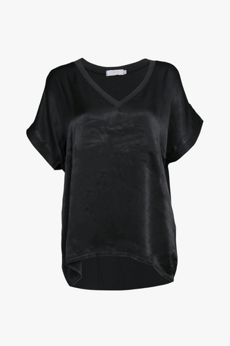 Dark grey silky fabric top, with flattering v neck and short elegant sleeves