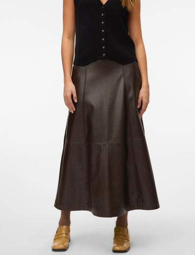Vero Moda Olive PU Maxi Skirt - Dark Brown