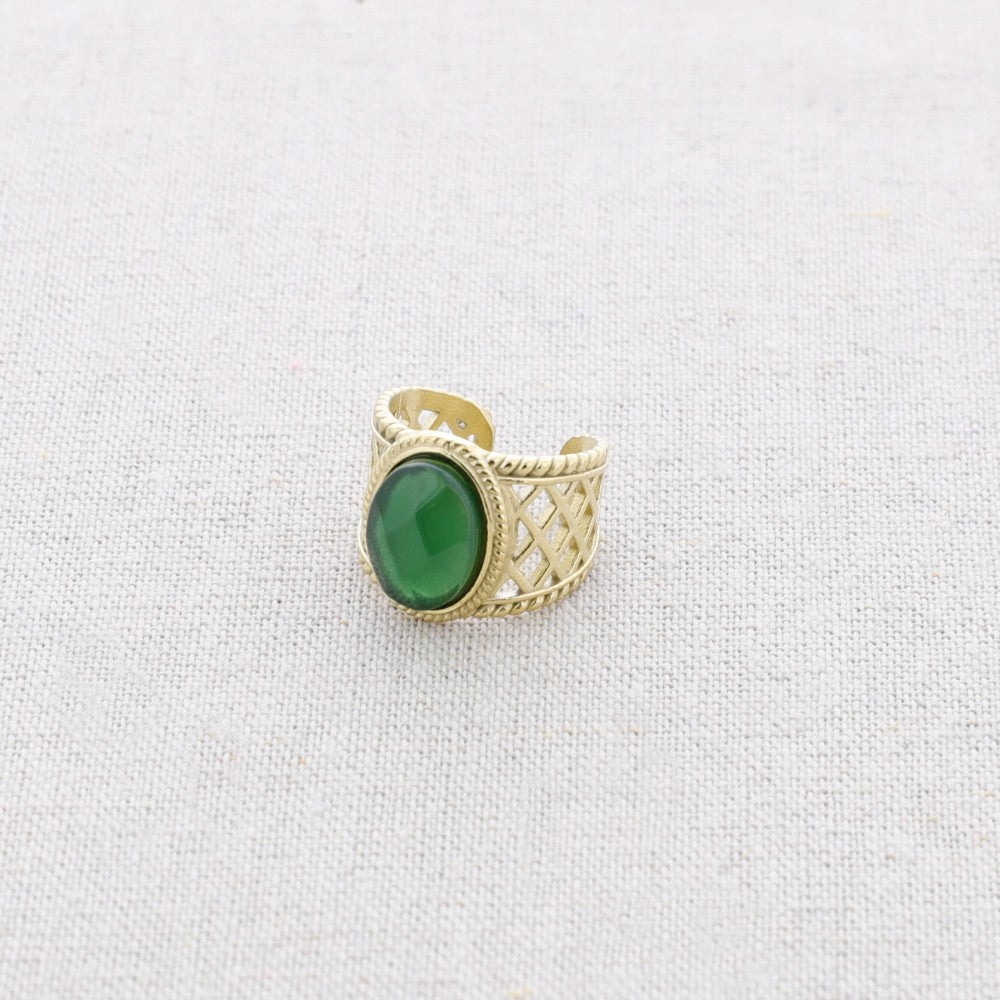 Steel Ring With Inlaid Stone - Green