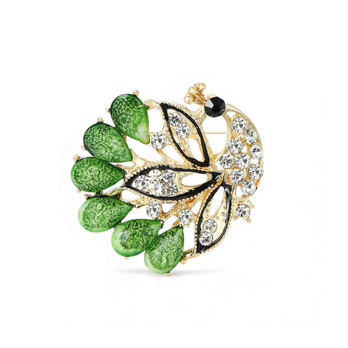 Teardrop Tail Peacock Brooch - Green / Gold