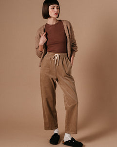 Grace and Mila Liberty Pant, a taupe, corduroy drawstring trouser in a relaxed and comfortable french style.