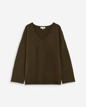 Load image into Gallery viewer, The Grace and Mila Salvador khaki jumper, crafted from a subtle lurex knit, it has the softest shimmer giving it a certain elegance. It has a relaxed fit, long sleeves, v-neckline and small side slits with ribbed finished cuffs.  Simple yet stylish, easy to wear and a classic for your wardrobe.