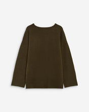 Load image into Gallery viewer, The Grace and Mila Salvador khaki jumper, crafted from a subtle lurex knit, it has the softest shimmer giving it a certain elegance. It has a relaxed fit, long sleeves, v-neckline and small side slits with ribbed finished cuffs.  Simple yet stylish, easy to wear and a classic for your wardrobe.