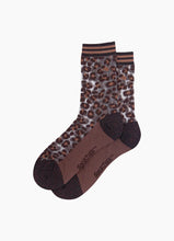 Load image into Gallery viewer, A pair of fun leopard print sheer socks in classic brown print with ribb edge at the ankle.  They feature a premium combed cotton sole. Designed for a supremely comfortable fit, so not only fabulous, comfy to wear as well!  