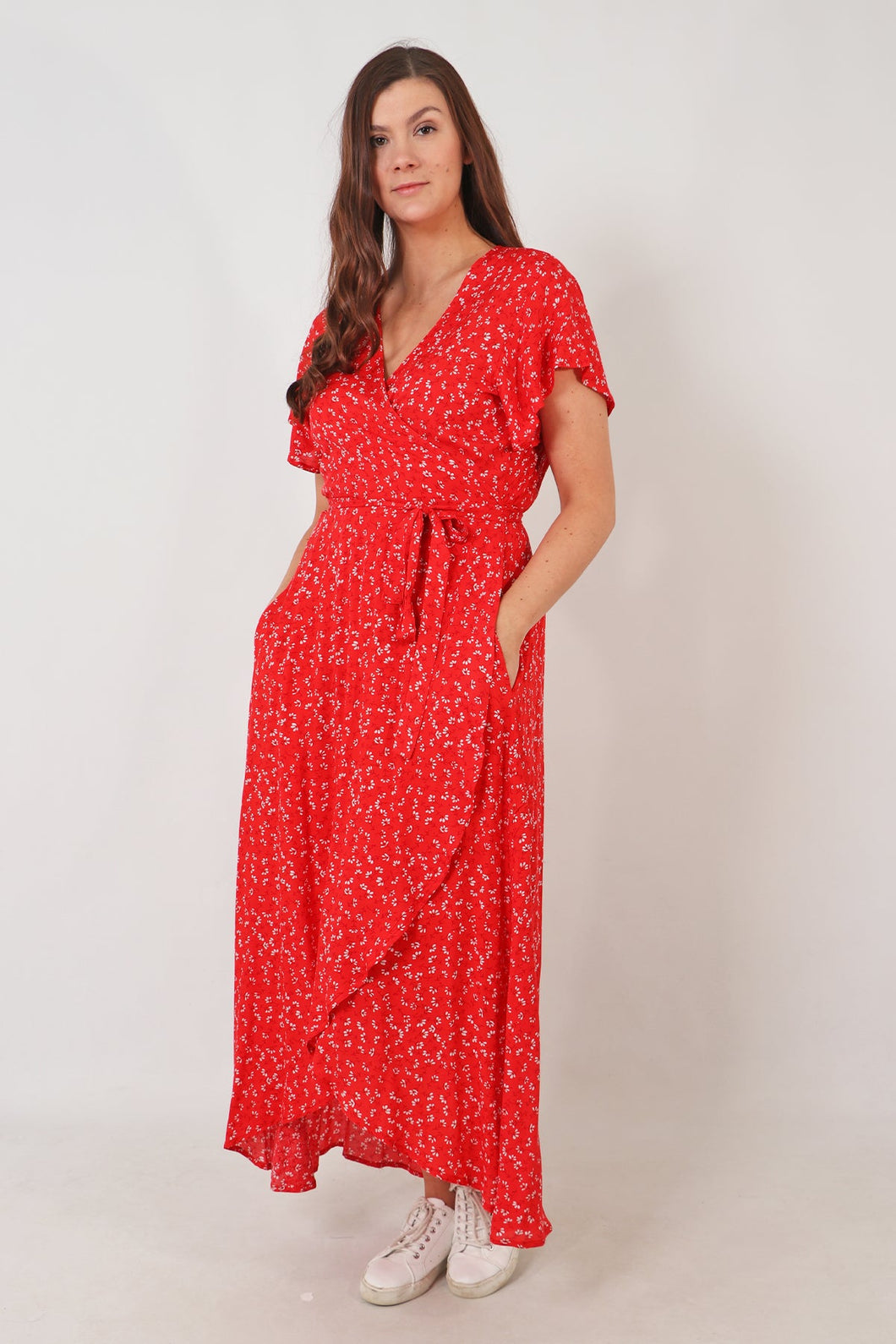 Dainty Floral Wrap Dress - Red