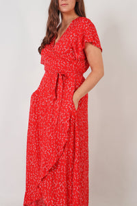 Dainty Floral Wrap Dress - Red