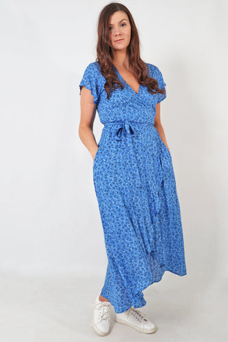 Dainty Floral Wrap Dress - Blue