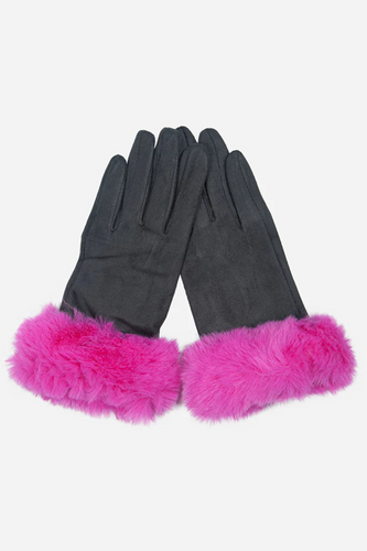 Faux Fur Trim Gloves - Grey / Fuschia
