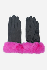 Faux Fur Trim Gloves - Grey / Fuschia