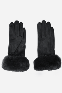 Faux Fur Trim Gloves - Black