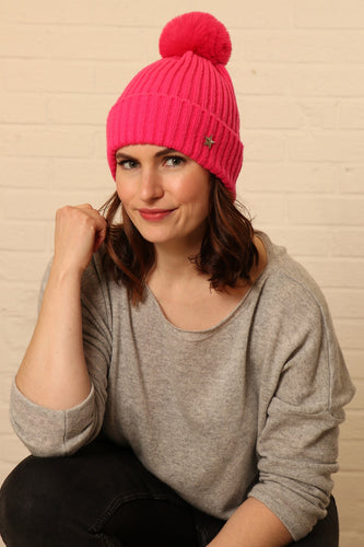 Pom Pom Rib Hat - Fuchsia