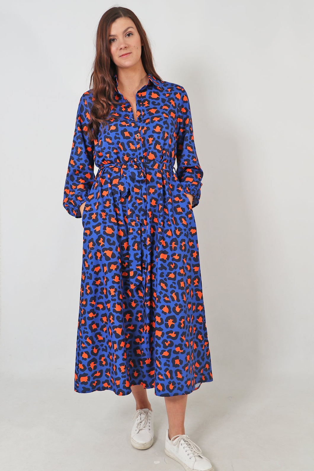 Leopard Print Maxi Shirt Dress - Blue / Orange