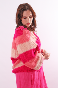 Colour Block Stripe Cardigan - Pink