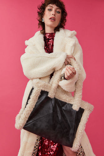 Faux Shearling Large Tote Shopper - Black/Cream