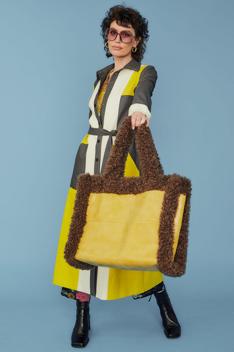 Faux Shearling Large Tote Shopper - Mustard/Brown