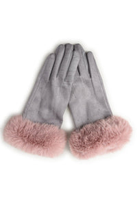 Faux Fur Trim Gloves - Grey / Dusty Pink