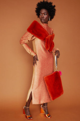 Faux Fur Pom Pom Clutch - Orange