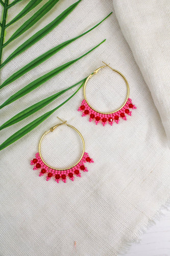 Beaded Hoop Earrings - Pink