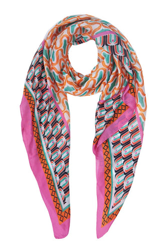 Geo Print Faux Silk Scarf - Orange/Fuschia