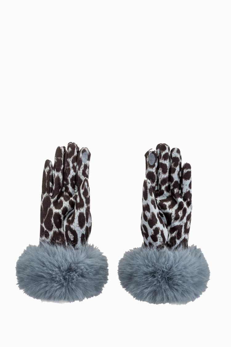 Leopard Gloves Faux Fur - Baby Blue