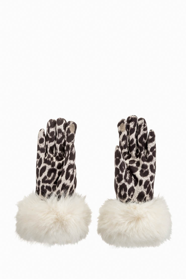 Leopard Gloves Faux Fur - Cream