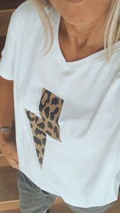 Leopard Lightning V Neck T Shirt - White